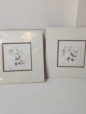 Hung Mei Yee Clara Signed Panda Watercolor‎ Prints Limited Edition Set of 2 8x8